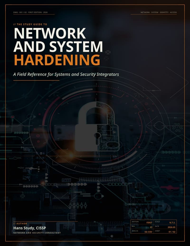 Front cover of The Study Guide to Network and System Hardening: A Field Reference for Systems and Security Integrators, by Hans Study, CISSP. First edition, 2026. Engineering-drawing block with a glowing padlock over a network and identity schematic.
